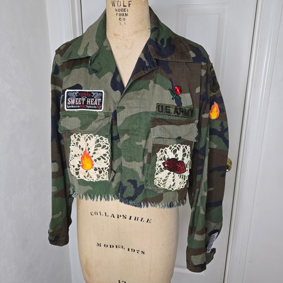 Jackets & Blazers - Upcycled sweet heat vintage army jacket lace patches womens OS